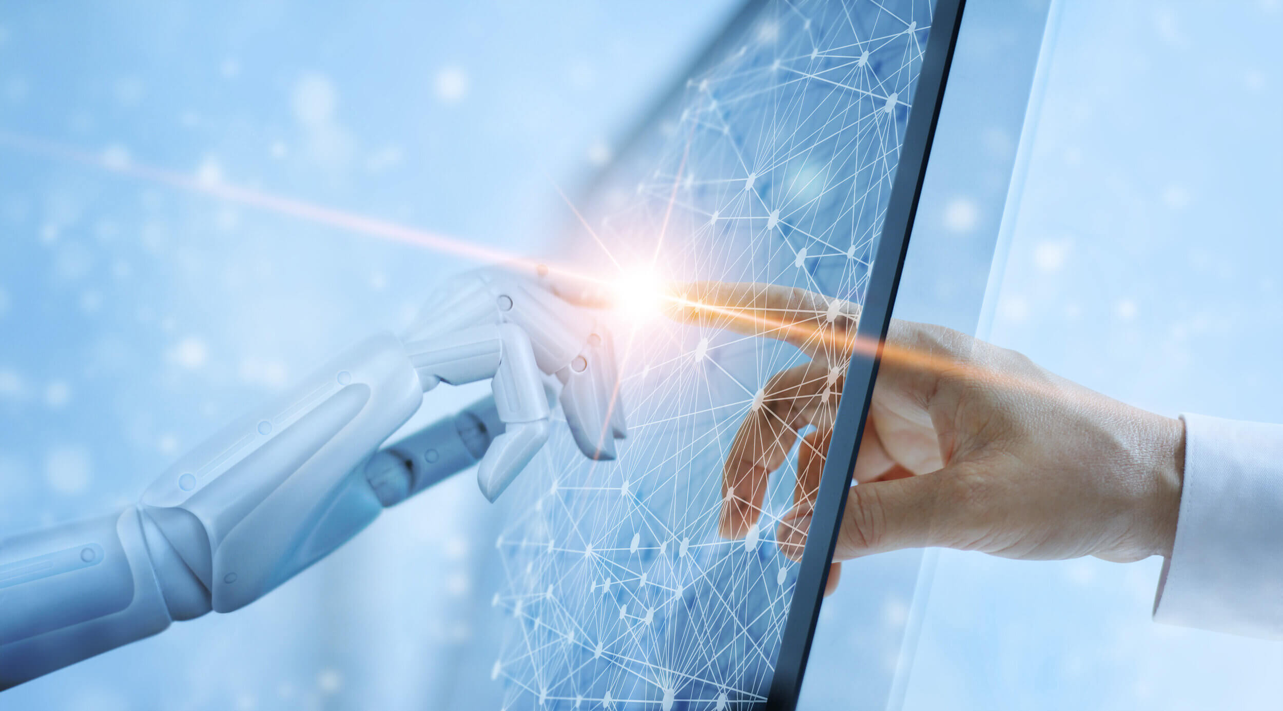 Hands,Of,Robot,And,Human,Touching,On,Global,Virtual,Network