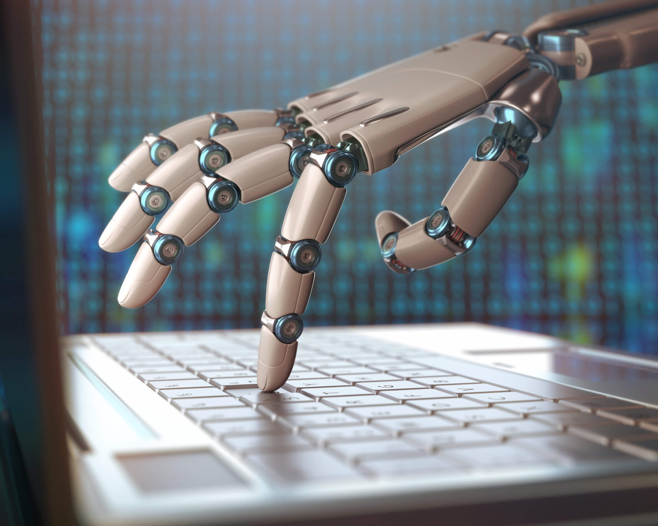 Robotic,Hand,,Accessing,On,Laptop,,The,Virtual,World,Of,Information.